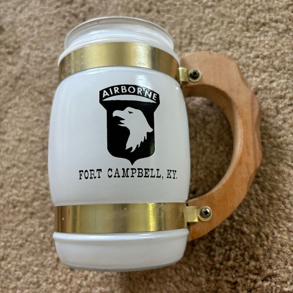 Airborne Fort Campbell Kentucky Vintage White Siesta Ware Wood Handle Mug